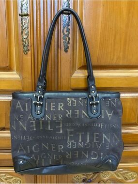 Etienne Aigner Brown Logo Canvas and Dark Brown Leather Tote